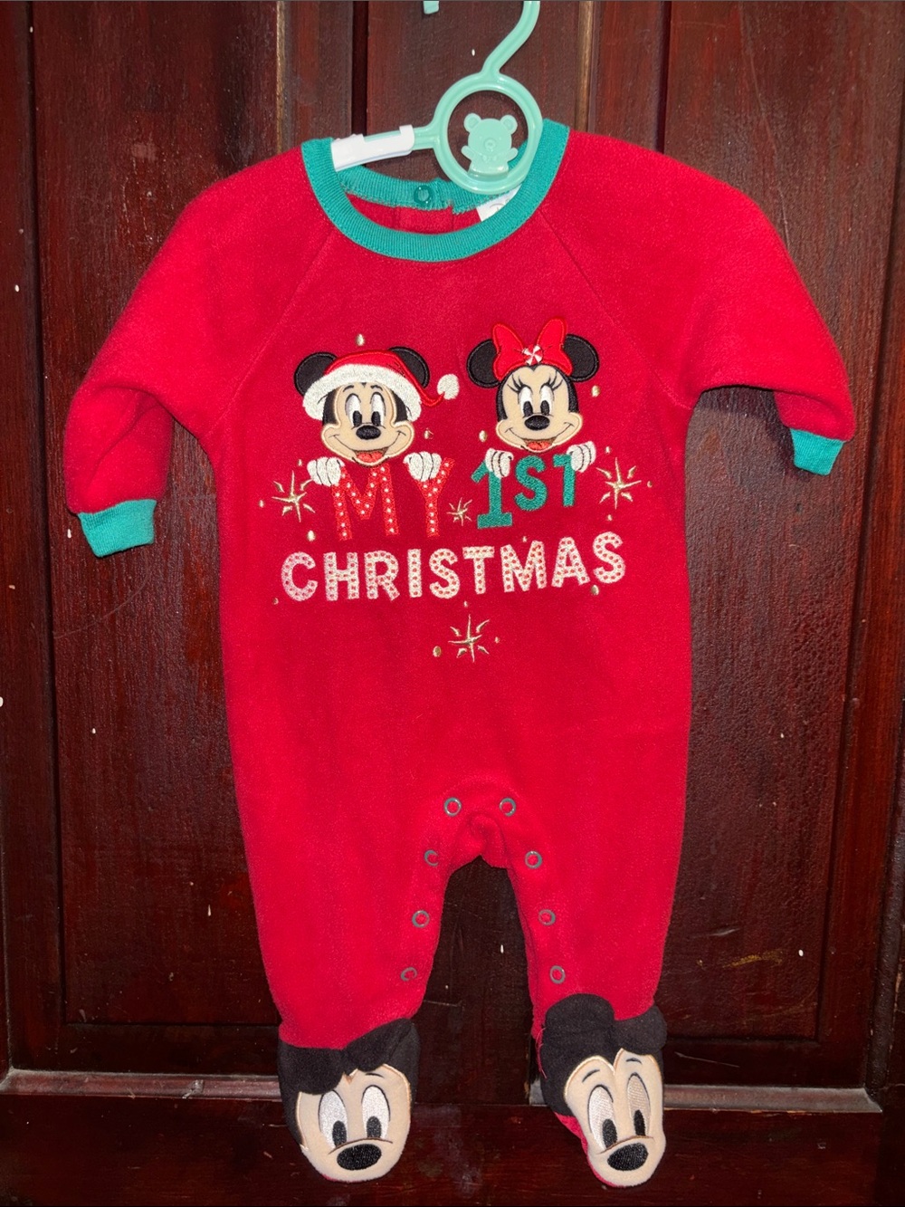 Disney Red '1st Christmas' Mickey & Minnie Footed One-Piece